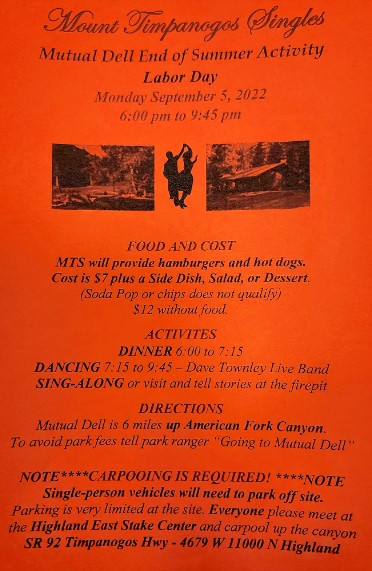 CARPOOL to LABOR DAY POTLUCK DINNER/DANCE/FIREPIT at Mutual Dell